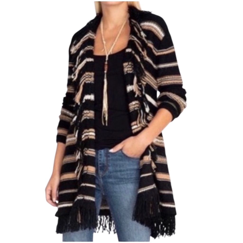 Johnny Was | Nwt Alpaca Blend Black Tan Striped Fringe Boho Cardigan Small